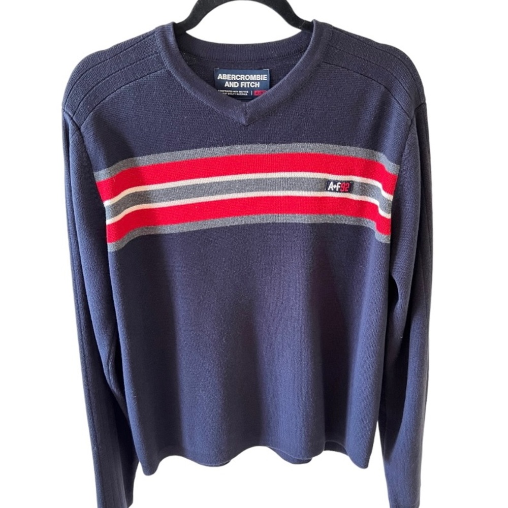 ABERCROMBIE & FITCH Men's Blue W/Stripes V-Neck Pullover Acrylic Sweater Medium